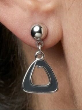 Silver Tone Triangle Dangle Earrings Black Inlay Geometric Earrings